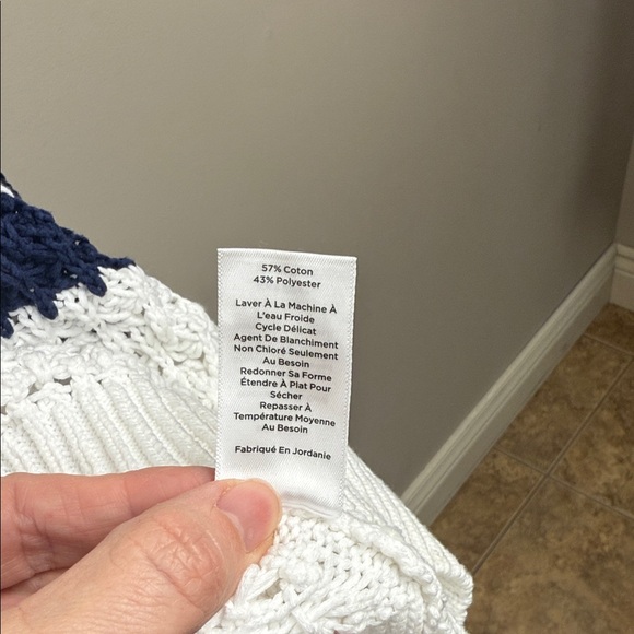 TALBOTS OPEN KNIT Striped Navy and White Women's Sweater with collar - Picture 9 of 14